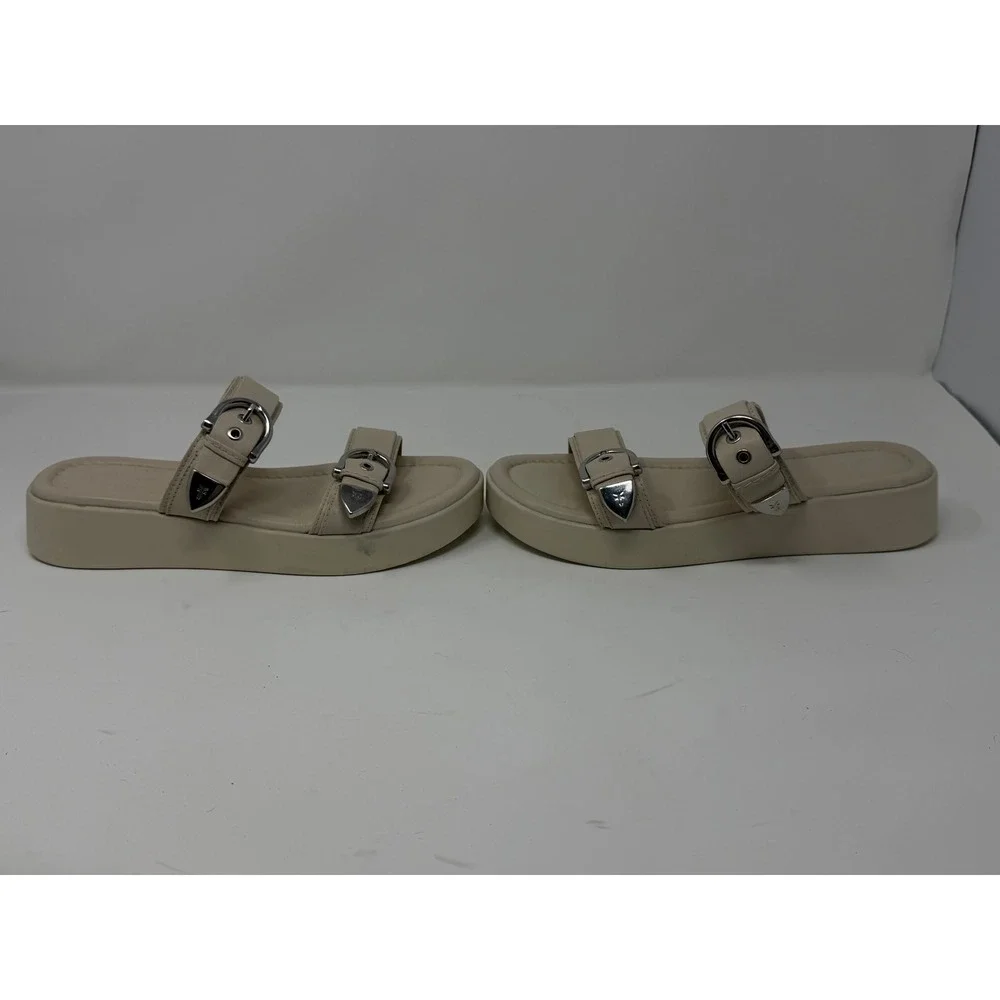 Frye Western Double Buckle Platform Slide Sandal Beige Leather Women Size 8